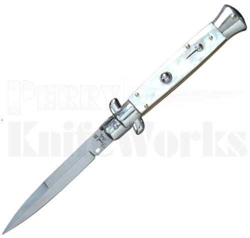 Frank B. 9" Mother of Pearl Stiletto Bayonet Automatic Knife Picklock l For Sale