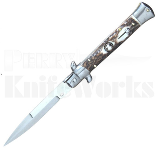 Frank B. 8" Stag Horn Stiletto Automatic Knife l Bayonet Blade l For Sale