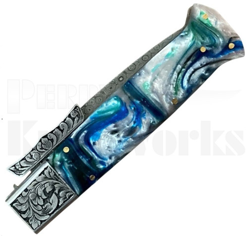 Samir Ahmad 9" Blue/Green Swinguard Automatic Knife l Damascus