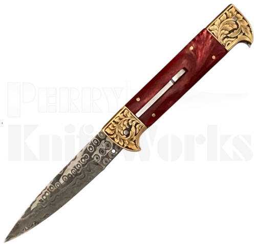 Samir Ahmad 9" Red Pearlex Leverlock Automatic Knife l Damascus l For Sale