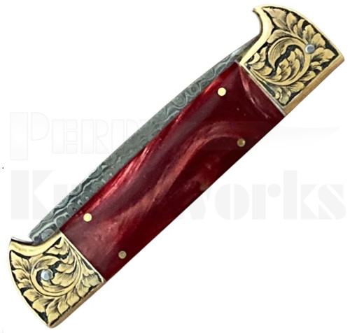 Samir Ahmad 9" Red Pearlex Leverlock Automatic Knife l Damascus