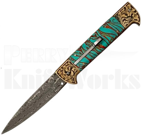 Samir Ahmad 9" Green Pearlex Leverlock Automatic Knife l Damascus l For Sale