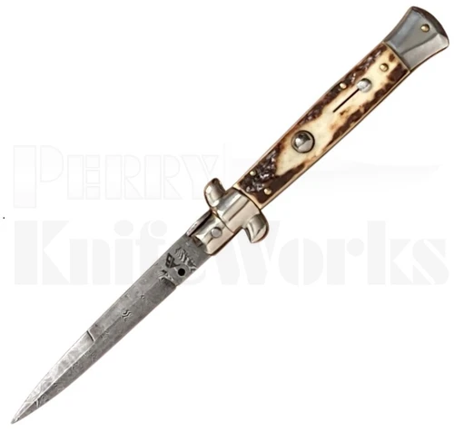 Armando Beltrame 9" Stag Stiletto Automatic Knife l Damascus Blade l For Sale