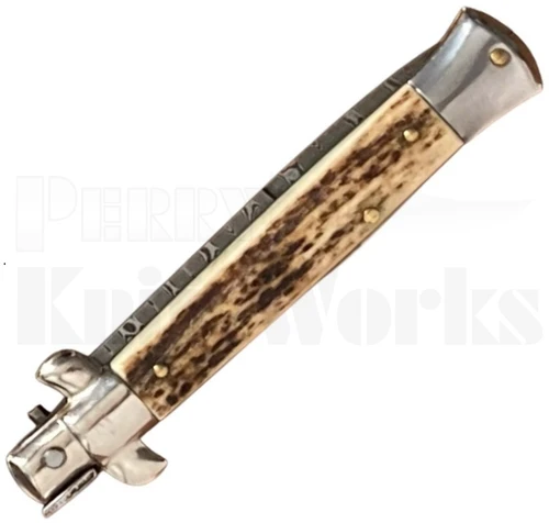 Armando Beltrame 9" Stag Stiletto Automatic Knife l Damascus Blade
