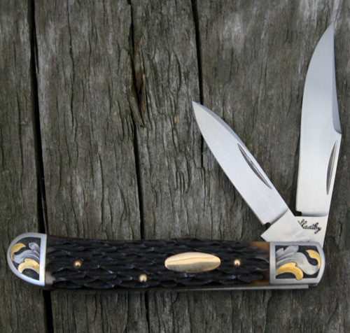 Eugene Shadley Engraved Jigged Bone Trapper Knife (2.125" Satin)