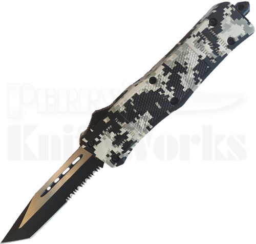 Cutting Edge Heretic Snow Camo D/A OTF Auto Knife Tanto Serrated Cutting Edge Heretic Snow Camo D/A OTF Auto Knife Tanto Serrated