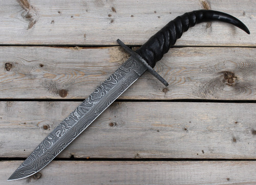 John Kubasek Fixed Blade Knife Ram's Horn l Damascus Blade l For Sale