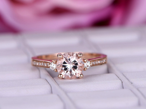 Round Morganite Diamond Engagement Ring 14K Rose Gold 6.5mm