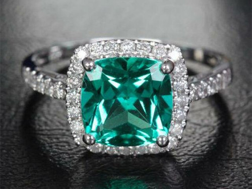8mm Cushion Emerald Diamond Engagement Ring 14k White Gold