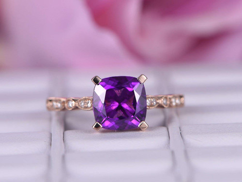 Cushion Amethyst Engagement Cathedral Ring Art Deco Diamond shank 14k Rose Gold 8mm