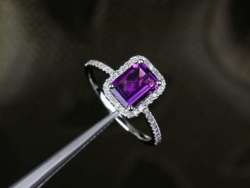 Emerald Cut Amethyst Engagement Ring Pave Diamond Wedding 14K White Gold 6x8mm