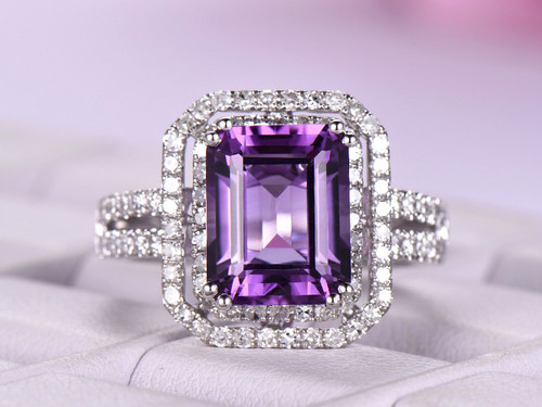 Emerald Cut Amethyst Ring Pave Diamond Double Halo Split Shank14K White Gold,8x10mm