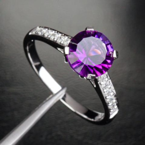 Round Amethyst Engagement Ring Pave Diamond Wedding 14K White Gold 7mm Cocktail