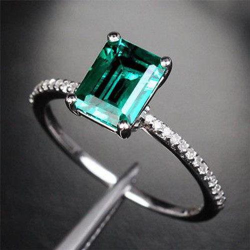 Emerald Shape Emerald Engagement Ring Pave Diamond Shank 14K White Gold 6x8mm