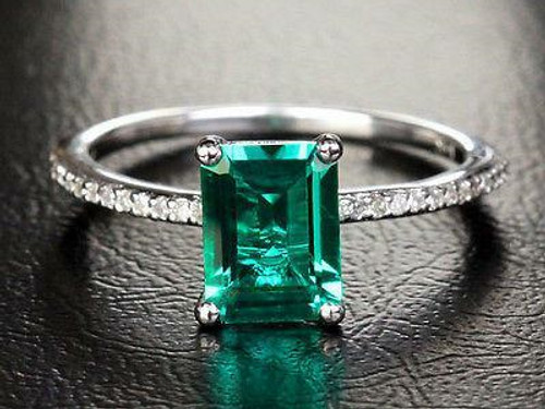 Emerald Shape Emerald Engagement Ring Pave Diamond Shank 14K White Gold 6x8mm