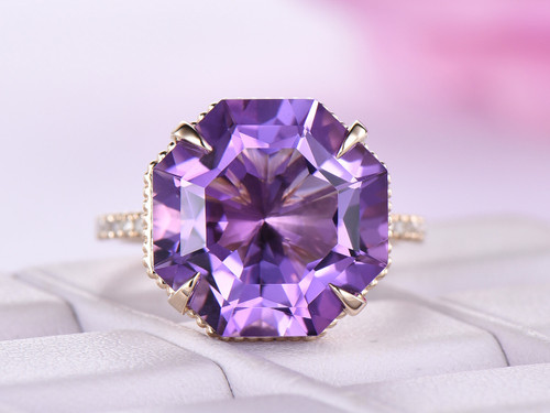 13mm Octagonal Amethyst Ring Art Deco Bands Milgrain Under Gallery 14K Yellow Gold