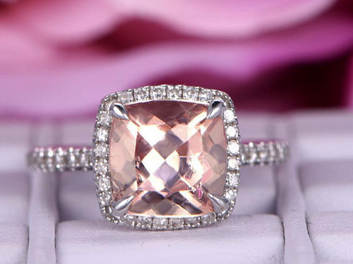 Cushion Morganite Engagement Ring Pave Diamonds Wedding 14K Gold 8mm