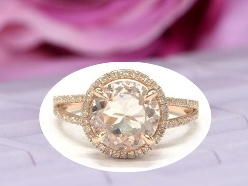 Split Shank 9mm Round Morganite Diamond Engagement Ring 14K Rose Gold