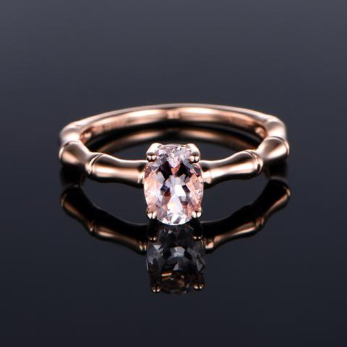 Solitaire Oval Morganite Engagement Ring 14K Rose Gold Bamboo Shank 6x8mm