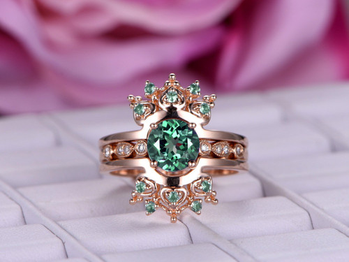 Tiara Ring Alexandrite Enhancer Bridal Set Round Alexandrite Engagement Ring 14K Rose Gold 6.5mm