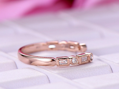 Open End Baguette Diamond Wedding Band Half Eternity Anniversary Ring,Milgrain 14K Rose Gold