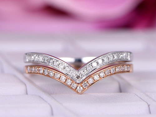 Stackable Chevrom Diamond Wedding Band Set Half Eternity Ring 14K Rose/White Gold