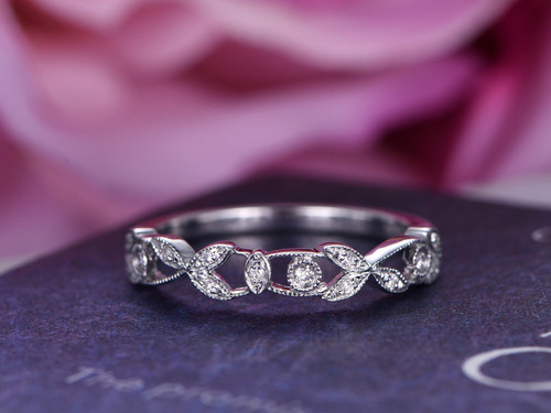 Pave Diamond Floral Wedding Band Half Eternity Anniversary Vine Ring 14K White Gold