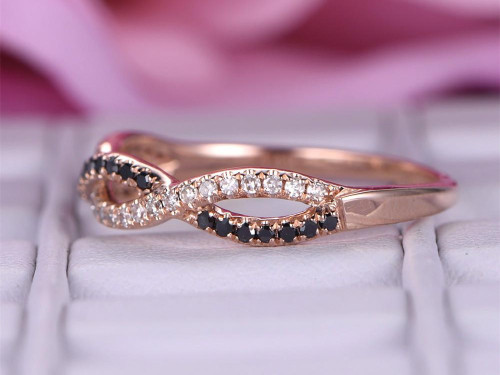 White/Black Diamond Wedding Band Half Eternity Infinite Love Ring 14K Rose Gold