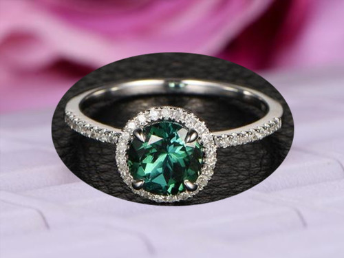 Round Blue Tourmaline Engagement Ring Pave Diamond Wedding 14K White Gold 7mm