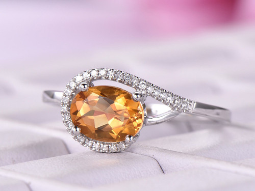 Oval Citrine Engagement Ring Pave Diamond Wedding 14K White Gold 6x8mm