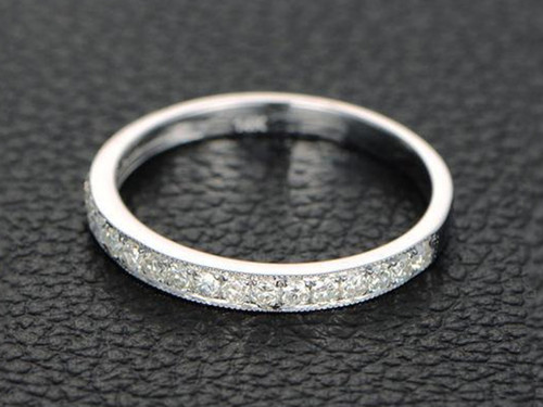 Moissanite Wedding Band Half Eternity Anniversary Ring 14K White Gold Milgrain