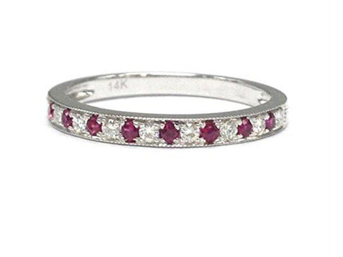 Moissanite Ruby Wedding Band Half Eternity Anniversary Ring 14K White Gold Milgrain