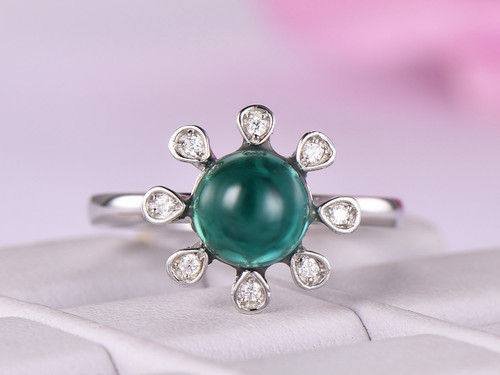 Round Emerald Engagement Ring Diamond Wedding 14K White Gold 7mm
