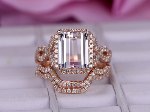 Trio Bridal Set, Emerald Cut Morganite Engagement Ring Diamond Infinite Love Shank 14K Rose Gold 8x10mm