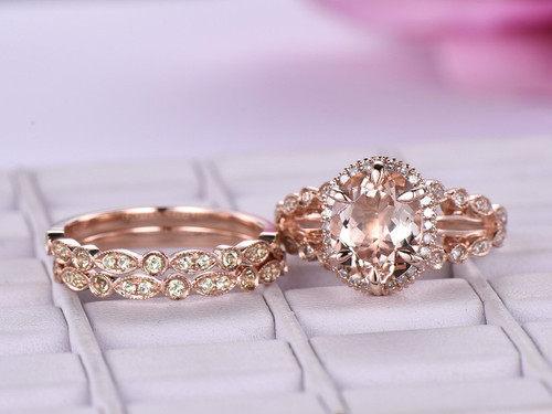 Trio Bridal Set, Oval Morganite Engagement Ring Peridot Wedding Band 14K Rose Gold 8x10mm