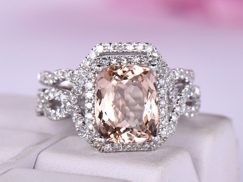 2pc Bridal Set,Cushion Morganite Ring Contour Diamond Band 14K White Gold 8x10mm