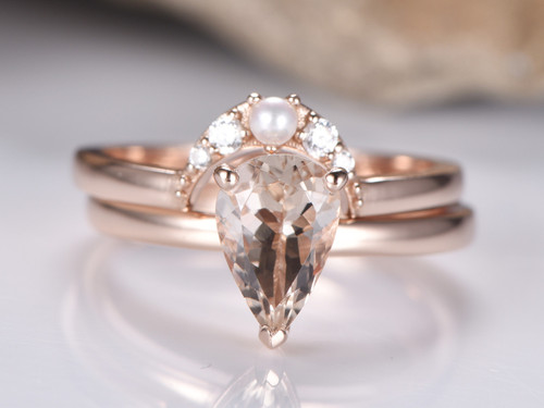 2pc Bridal Set,Pear Morganite Weddibg Ring Pearl Diamond Crescent Band 14K Rose Gold 6x9mm