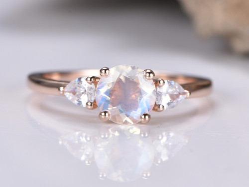 Round Moonstone Engagement Ring White Topaz 14k Rose Gold 6mm