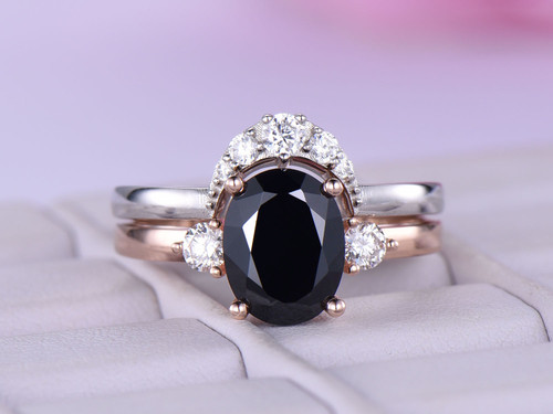 2pc Bridal Sets,Oval Black Spinel Engagement Ring Moissanite Wedding Band 14k Rose Gold 7x9mm