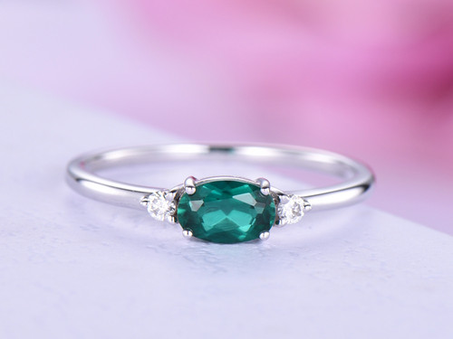 Oval Emerald diamond Dainty Engagement Ring 14K White Gold 4x6mm