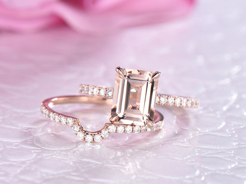 2pc Bridal Set, Emerald Cut Morganite Ring  Contour Diamond Wedding Band 14K Rose Gold 7x9mm