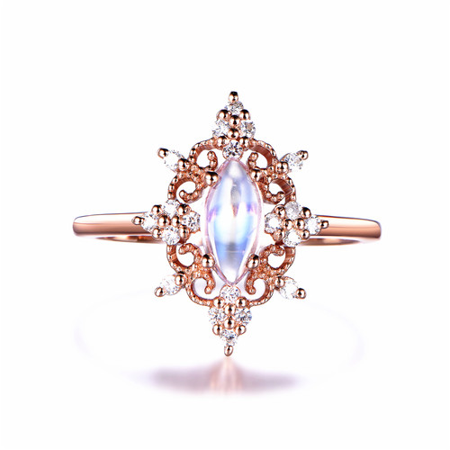 Natural Marquise Moonstone Engagement ring, 14K Rose Gold Vintage Ring