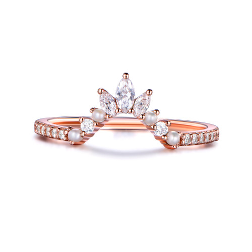 Marquise Tiara Curve Diamond Wedding Band, Stacking Band Milgrain, Pearl Ring 14K Rose Gold