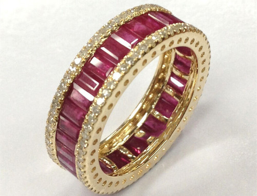 Men's Wedding Band,Natural Ruby Wedding Band 14K Yellow Gold Anniversary Ring Full Eternity band