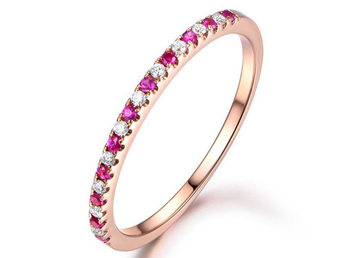 Ruby Diamond Wedding Band Half Eternity Anniversary Ring 14K Rose Gold