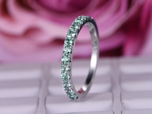 Alexandrite Wedding Band Half Eternity Anniversary Ring 14K White Gold