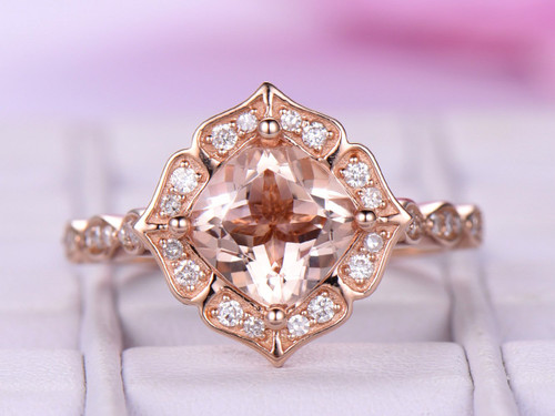 18k Rose Gold 7mm Cushion Morganite Engagement Ring Morganite Cathedral Ring Floral Halo Ring Vintage