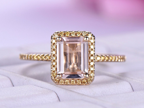 Emerald Cut Morganite Engagement Ring Champagne Diamond 14K Yellow Gold 6x8mm