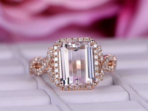 3.2ct  8x10mm Emerald Cut Morganite Engagement Ring Diamond Infinite Love Shank 14K Rose Gold