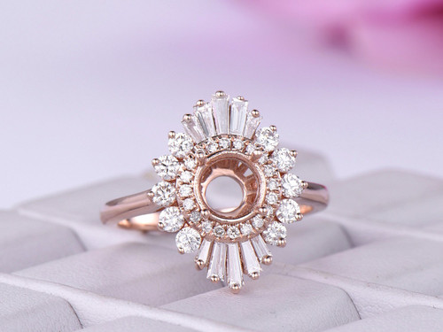 Semi Mount Ring Baguette and Round Diamond Double Halo 14K Rose Gold Setting Round 6.5mm